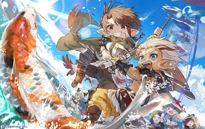 3boys 4girls ahoge aqua_eyes artist_request balurga black_hair blue_hair braid brown_eyes brown_hair butterfly_net cape clenched_hands draph erune fishing_rod granblue_fantasy grin hair_over_one_eye hand_net harvin hat horns koi koinobori long_hair lyria_(granblue_fantasy) multicolored_hair multiple_boys multiple_girls official_art open_mouth people pointy_ears prosthesis prosthetic_arm red_eyes red_hair short_hair skull_(granblue_fantasy) smile streaked_hair twin_braids white_hair windsock