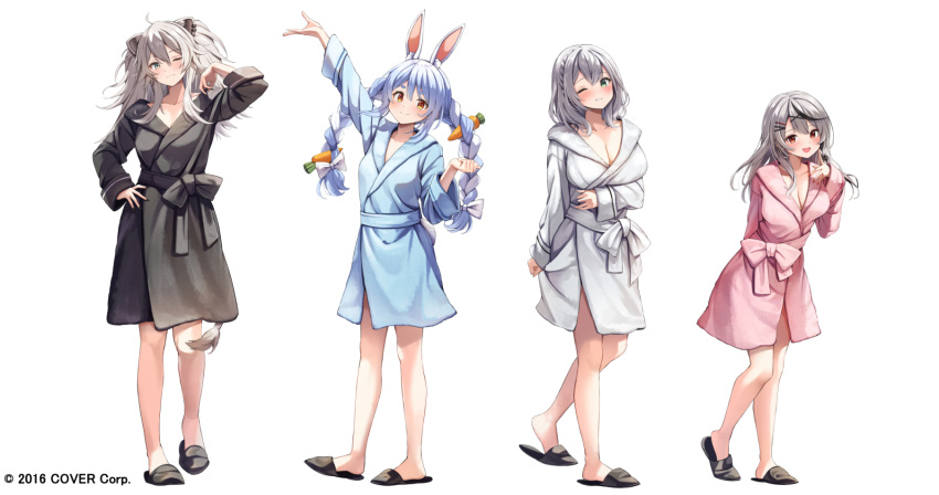 4girls :d ;) ahoge animal_ears arm_under_breasts arm_up bathrobe black_footwear black_hair black_robe blue_hair blue_robe braid breasts carrot_hair_ornament closed_mouth ear_piercing flower food-themed_hair_ornament full_body grey_hair grey_robe hair_ornament highres hololive legs lineup lion_ears lion_tail long_hair medium_hair multicolored_hair multiple_girls official_alternate_costume official_art one_eye_closed parted_lips piercing pink_flower pink_rose rabbit_ears robe rose sakamata_chloe sandals shirogane_noel shishiro_botan simple_background smile standing strap_slip streaked_hair summer_tail720 tail twin_braids usada_pekora virtual_youtuber white_background x_hair_ornament