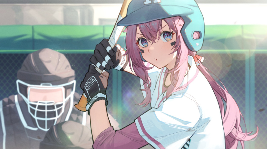 1boy alternate_costume alternate_hairstyle aqua_headwear baseball baseball_bat baseball_helmet baseball_uniform black_gloves commentary_request copyright_name eye_black female gloves hair_between_eyes hakui_koyori helmet highres holding holding_baseball_bat hololive lens_flare long_hair low_ponytail open_mouth pink_eyes pink_hair playing_sports shadow shirt solo_focus sportswear tsukino_(nakajimaseiki) upper_body v-shaped_eyebrows virtual_youtuber white_shirt