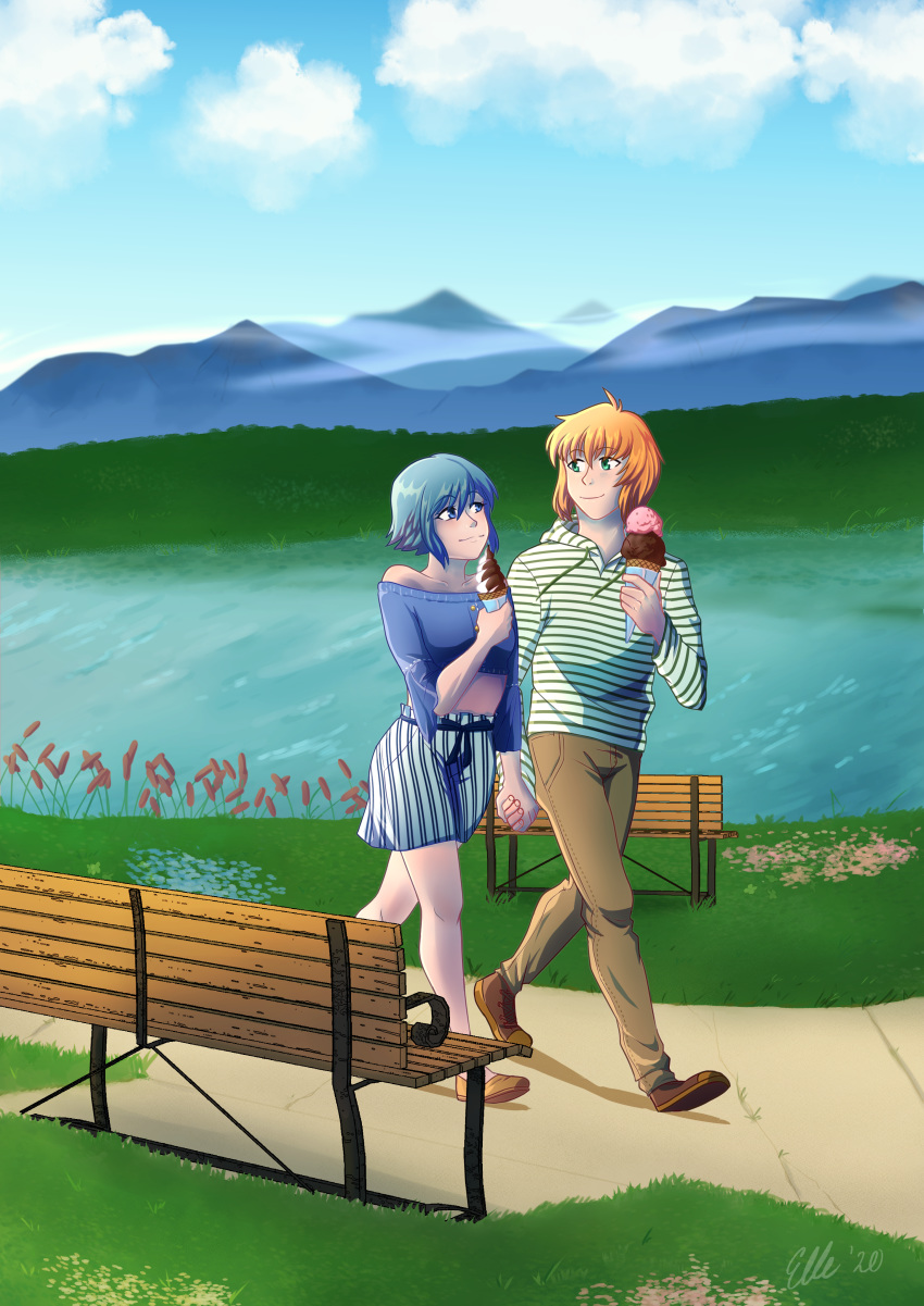 1boy absurdres bench blonde_hair blue_eyes blue_hair cloud commission crossover elleleh eye_contact female flower food grass green_eyes highres holding_hands hood hoodie ice_cream lake looking_at_another lyrical_nanoha mahou_shoujo_lyrical_nanoha mahou_shoujo_madoka_magica mahou_shoujo_madoka_magica_(anime) miki_sayaka mountain off-shoulder_shirt off_shoulder outdoors pants reeds shirt short_hair sidewalk skirt straight striped_clothes striped_hoodie walking water yuuno_scrya