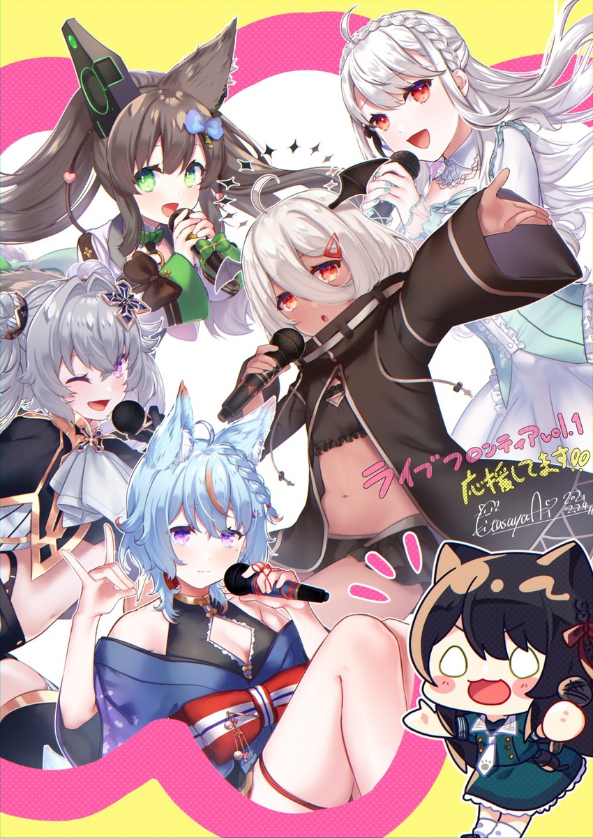 5girls animal_ears artist_self-insert blue_hair brown_hair chigusa_hana commentary_request commission dark-skinned_female dark_skin fox_ears harvest_moon_(vtuber) highres hinatsu_nono indie_virtual_youtuber kamiki_hasami kitasaya_ai long_hair looking_at_viewer microphone multiple_girls music navel nekone_suzu one_eye_closed plivyou sakuma_nemu short_hair singing skeb_commission translation_request virtual_youtuber white_hair x'flare x_enc'ount