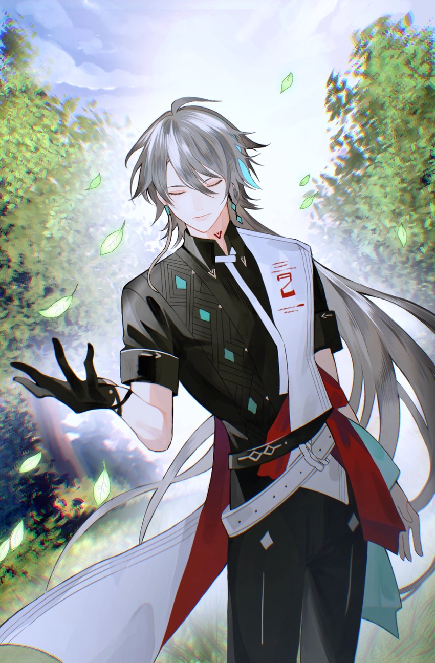 0nashiro 1boy black_hair black_shirt blue_sky closed_eyes closed_mouth cloud cloudy_sky commentary highres honkai_(series) honkai_impact_3rd leaf long_hair male_focus outdoors petals shirt short_sleeves sky smile solo su_(honkai_impact) symbol-only_commentary tree