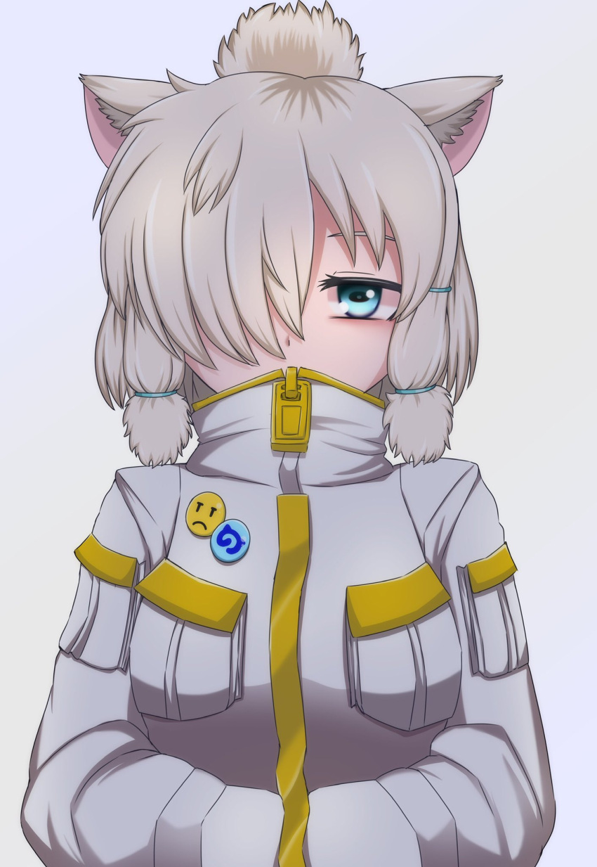 alpaca_ears alpaca_girl alpaca_suri_(kemono_friends) alternate_costume animal_ears blue_eyes blush buttons coat commentary_request female hair_bun hair_over_one_eye hair_tubes hands_in_pockets high_collar highres japari_symbol kemono_friends long_sleeves looking_at_viewer short_hair single_hair_bun solo tsuchinokonoko white_coat