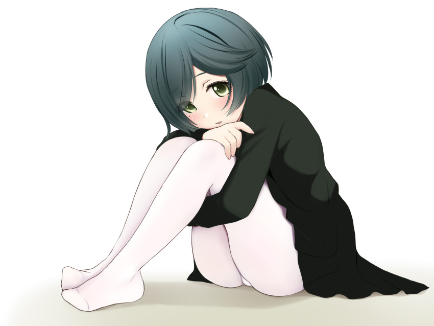 black_dress black_hair blush dress eyes_visible_through_hair female full_body green_eyes hair_over_one_eye highres hugging_own_legs jigoku_shoujo knees_up kozue_akari long_sleeves looking_at_viewer mole mole_under_eye no_shoes pantyhose parted_lips sagae_michiru sitting solo textless_version white_background white_pantyhose