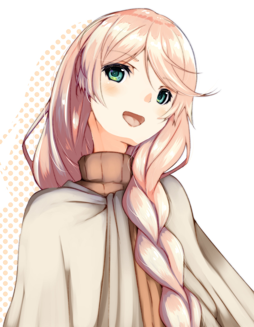 :d braid brown_sweater commentary_request demimushi female green_eyes hair_between_eyes hair_over_shoulder highres kakuchou_shoujo-kei_trinary long_hair open_mouth pink_hair polka_dot polka_dot_background ribbed_sweater smile solo sweater turtleneck turtleneck_sweater upper_body uzuki_misako white_background