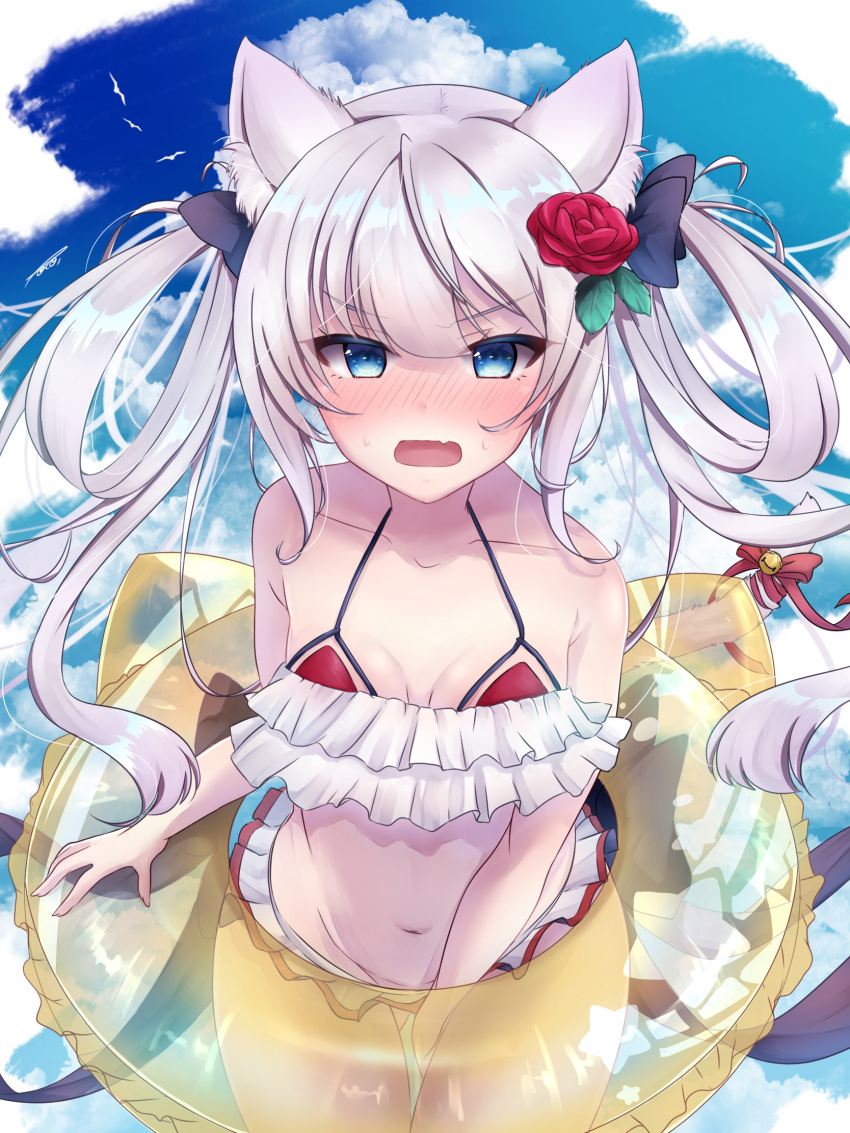 animal_ears azur_lane bell bikini bikini_skirt bird blue_eyes blue_sky blush bow breasts cat_ears cat_girl cat_tail cleavage cloud commentary day female flower gradient_sky grey_hair hair_flower hair_ornament hairbow hammann_(azur_lane) hammann_(rebellious_summer)_(azur_lane) highres innertube long_hair looking_at_viewer navel oerba_yun_fang official_alternate_costume open_mouth outdoors poco. red_flower ribbon seagull see-through sky small_breasts solo swim_ring swimsuit tail tail_bell tail_ornament tsundere twintails very_long_hair white_hair