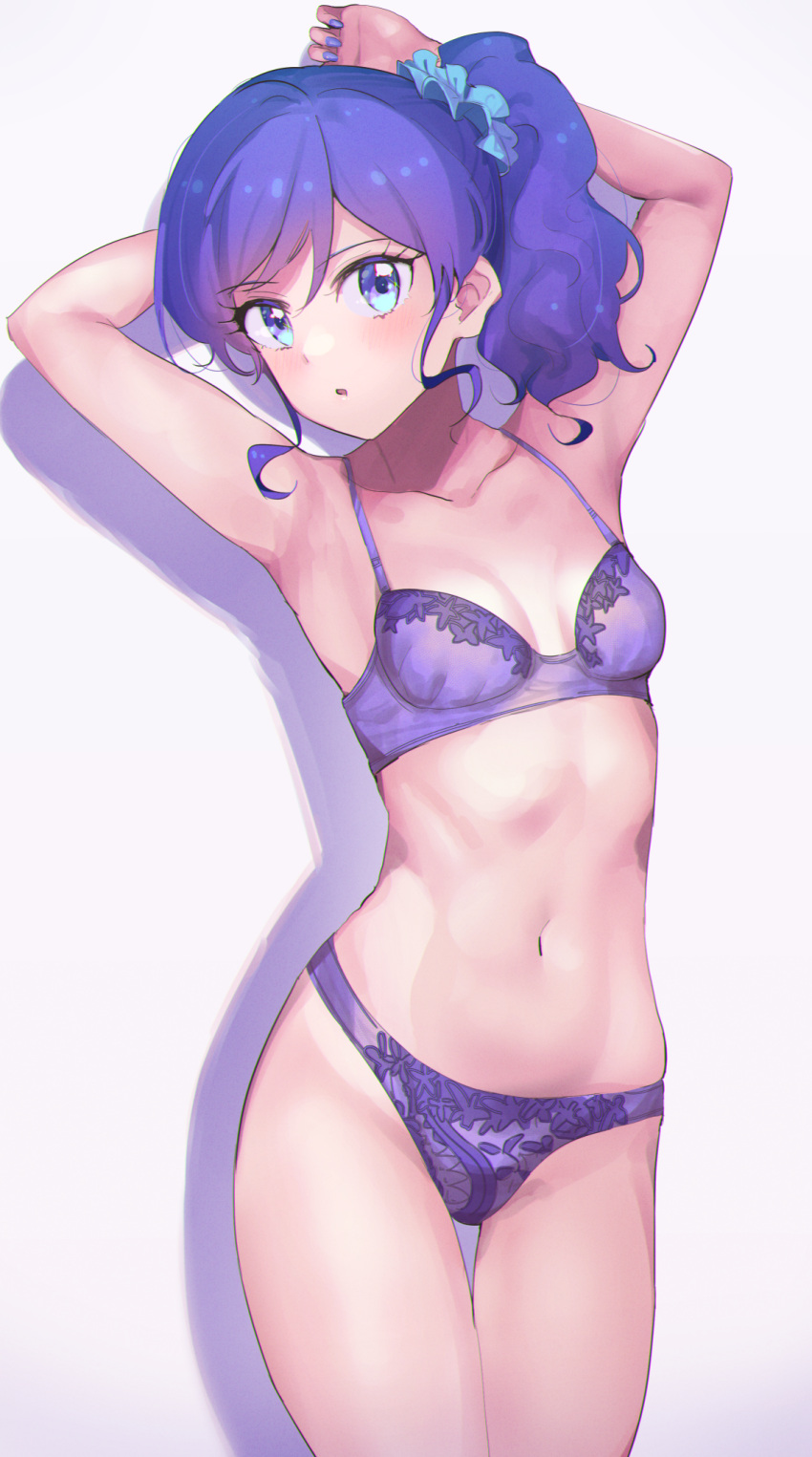 aikatsu! aikatsu!_(series) armpits arms_behind_head arms_up bare_arms blue_eyes blue_nails blue_scrunchie bra breasts cleavage collarbone cowboy_shot female groin hair_between_eyes hair_ornament hair_scrunchie head_tilt highres kiriya_aoi lingerie long_hair looking_at_viewer nail_polish navel open_mouth panties ponytail purple_bra purple_hair purple_panties scrunchie shadow simple_background small_breasts solo standing thigh_gap underwear underwear_only white_background yamamura_saki