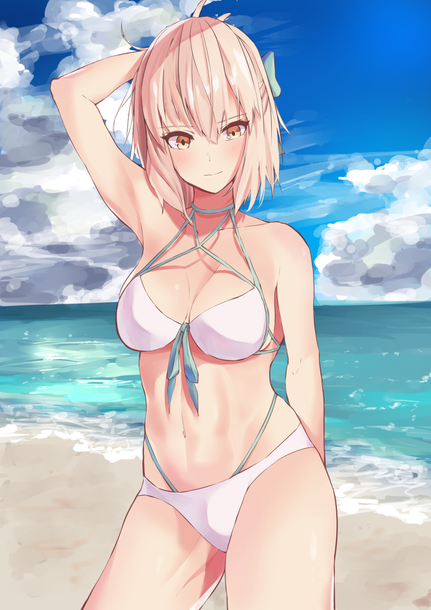 absurdres ahoge aqua_bow arm_behind_head arm_up bad_id bad_pixiv_id bare_shoulders beach bikini blonde_hair blue_sky blush bow breasts cleavage collarbone day fate/grand_order fate_(series) female hairbow highleg highleg_bikini highres kirin_king large_breasts looking_at_viewer multi-strapped_bikini navel ocean okita_j._souji_(fate) okita_j._souji_(third_ascension)_(fate) okita_souji_(fate) outdoors short_hair sky swimsuit thighs white_bikini yellow_eyes