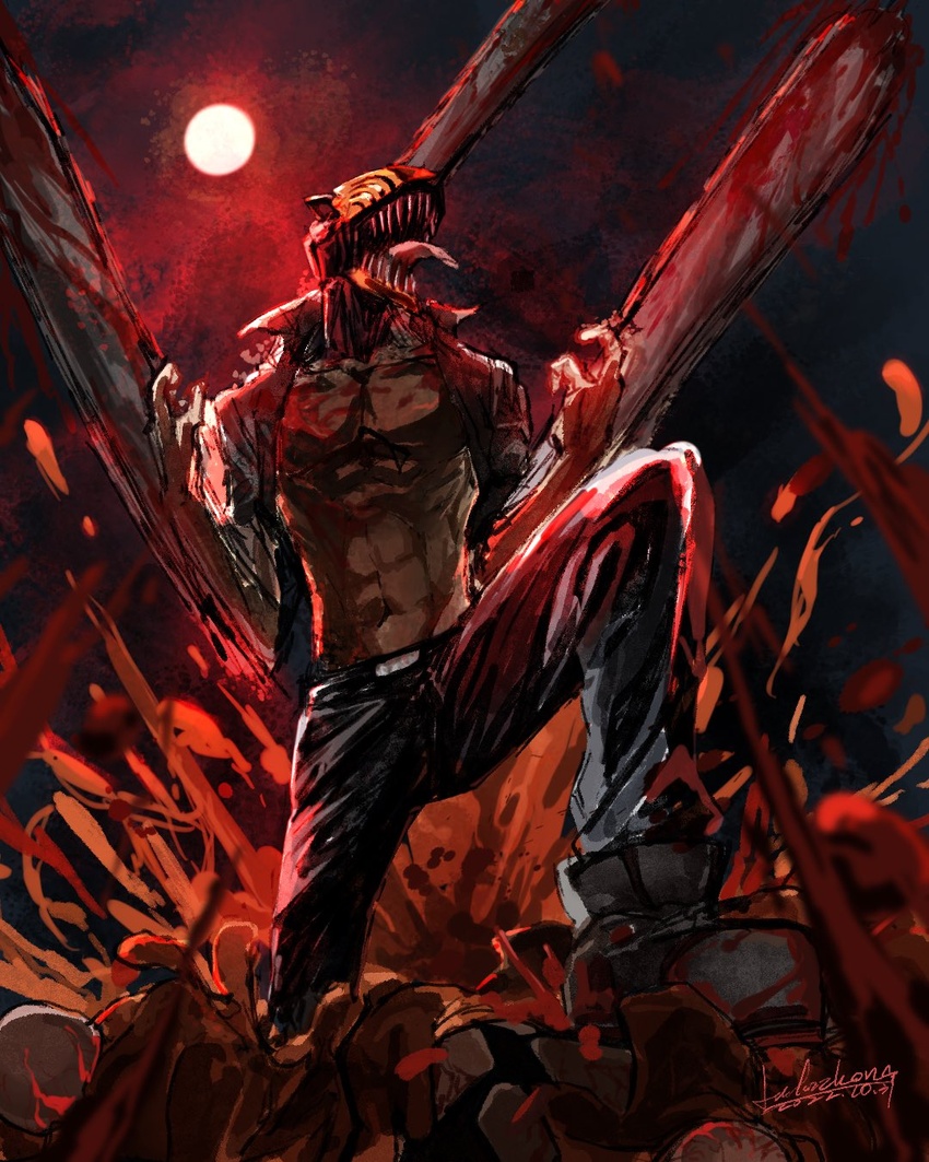 1boy blood blood_on_clothes blood_on_face blood_on_hands blood_on_weapon blood_spray chainsaw chainsaw_man collared_shirt denji_(chainsaw_man) facing_up glowing glowing_eye guro highres leg_up linlinzhong male_focus moon muscular muscular_male night open_clothes open_mouth red_theme sharp_teeth shirt solo teeth tongue tongue_out weapon white_shirt