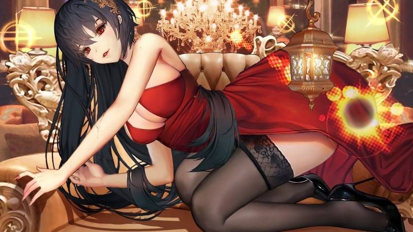 azur_lane black_footwear black_hair black_thighhighs breasts cleavage couch dress female fingernails full_body gudadan high_heels highres lamp large_breasts lips long_hair looking_at_viewer official_alternate_costume red_dress red_eyes solo taihou_(azur_lane) taihou_(forbidden_feast)_(azur_lane) thighhighs thighs