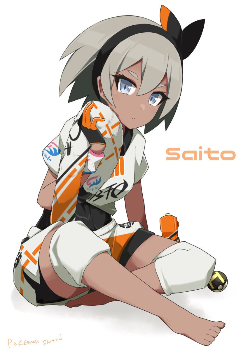 barefoot bea_(pokemon) black_bodysuit black_gloves black_hairband blue_eyes bodysuit bodysuit_under_clothes character_name commentary_request copyright_name dark-skinned_female dark_skin drink female full_body gloves grey_hair hair_between_eyes hairband highres indian_style knee_pads looking_at_viewer poke_ball pokemon pokemon_swsh sakuragi_raia shirt short_hair short_sleeves shorts sitting solo sweat towel white_shirt white_shorts wristband