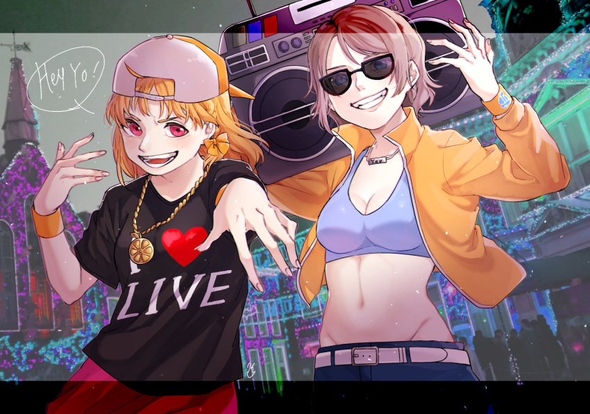 2girls backwards_hat boombox chain_necklace chains commentary_request english_text grey_hair hat holding_boombox jacket jewelry letterboxed love_live! love_live!_sunshine!! md5_mismatch multiple_girls necklace open_clothes open_jacket orange_hair shirt smile sports_bra sunglasses t-shirt takami_chika urata_(kogasitata) watanabe_you