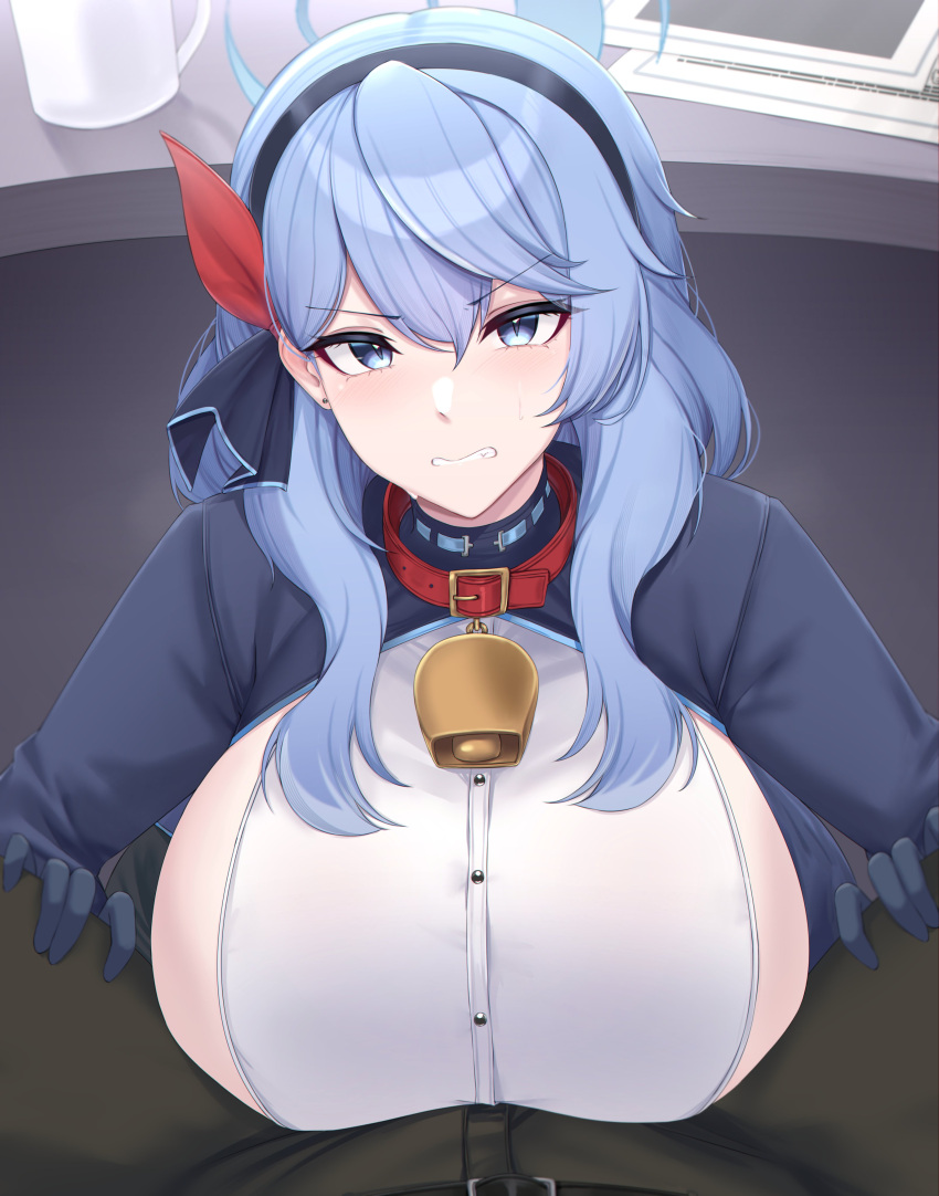 1boy absurdres ako_(blue_archive) bell between_legs black_gloves blue_archive blue_coat blue_eyes blue_hair blue_hairband breasts clenched_teeth coat cowbell earrings female gloves hair_between_eyes hairband half_gloves halo highres huge_breasts imminent_paizuri jewelry kanta_(kanta_077) long_hair looking_at_viewer neck_bell pov red_ribbon ribbon sideboob sideless_outfit sideless_shirt sidelocks straight teeth under_the_table upper_body