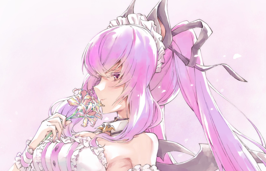 animal_ears animare bat_ears bat_ornament black_ribbon commentary_request female flower hair_ornament highres holding holding_flower long_hair maid maid_headdress nanashi_inc. nerine_(flower) pink_hair purple_eyes ribbon shirana_tamana smelling_flower smile twintails umori_hinako virtual_youtuber yellow_flower