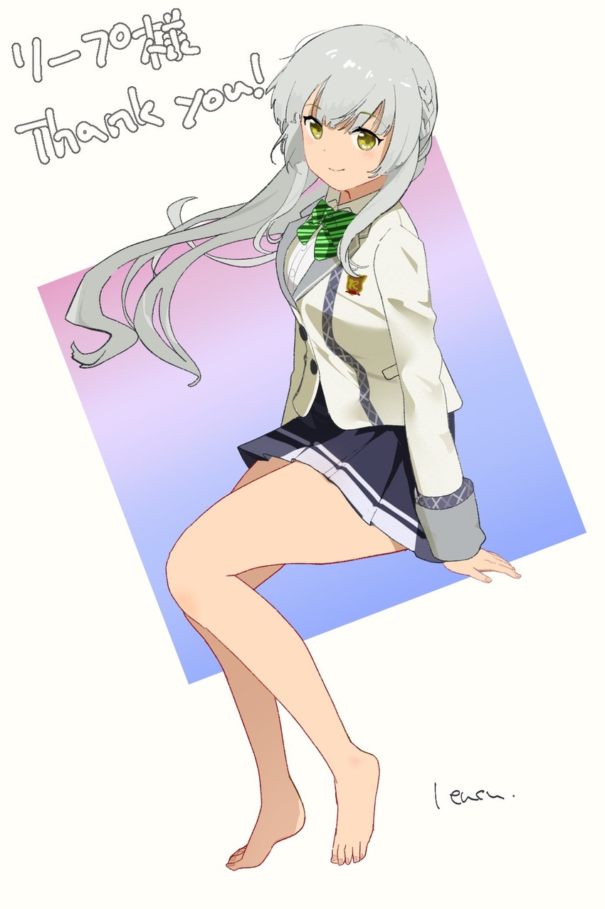 bare_legs barefoot blue_skirt blush bow bowtie braid closed_mouth collared_shirt commission feet female floating_hair full_body green_bow green_bowtie grey_hair highres invisible_chair jacket kashiwagi_saki legs lensu_(lotus36936936) long_hair long_sleeves looking_at_viewer miniskirt ongeki pleated_skirt school_uniform second-party_source shirt signature sitting skeb_commission skirt smile solo striped_bow striped_bowtie striped_clothes thighs toenails toes white_jacket yellow_eyes