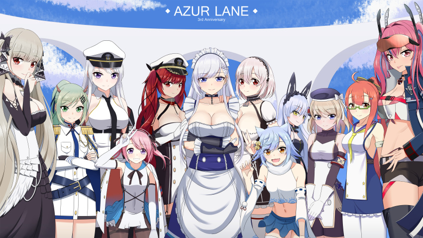 6+girls absurdres ahoge aiguillette an_shan_(azur_lane) anchor_choker anchor_ornament animal_ears anniversary apron armband armpit_crease azur_lane bandeau bare_shoulders belfast_(azur_lane) bell belt bike_shorts bikini bikini_under_clothes black_choker black_garter_straps black_necktie black_ribbon black_shorts black_thighhighs blonde_hair blue_belt blue_eyes blue_hair blue_headwear blue_jacket blue_necktie blue_sailor_collar blue_skirt blue_sky bow braid breast_pocket breasts bremerton_(azur_lane) broken broken_chain brown_pantyhose buttons chains chinese_commentary choker cleavage cloud collar collarbone collared_shirt commentary_request copyright_name covered_navel cropped_shirt cross cross-laced_clothes cross-laced_sleeves crossed_arms day detached_collar detached_sleeves double-breasted dress elbow_gloves enterprise_(azur_lane) epaulettes eyewear_on_head fake_animal_ears fletcher_(azur_lane) formidable_(azur_lane) frilled_apron frilled_dress frilled_gloves frills front-tie_bikini_top front-tie_top fubuki_(azur_lane) garter_straps glasses gloves green-framed_eyewear green_eyes green_hair grey_hair hair_ornament hair_ribbon hairband hairbow hairclip hat headgear high_collar high_ponytail highleg highleg_bikini highres honolulu_(azur_lane) horns iron_cross jacket jacket_on_shoulders jingle_bell lace_hairband large_breasts leaning_forward lemon_kele lifebuoy_choker linea_alba long_hair looking_at_viewer looking_to_the_side maid maid_apron maid_headdress midriff military military_uniform miniskirt multicolored_hair multiple_girls navel neck_ribbon neckerchief necktie no_bra no_pants observer_alpha_(azur_lane) oerba_yun_fang orange_eyes orange_hair outdoors pantyhose partially_fingerless_gloves paw_pose pink_belt pink_bikini pink_hair pleated_skirt pocket ponytail print_shirt puffy_short_sleeves puffy_sleeves purple_eyes red_eyes red_hair ribbon ribbon-trimmed_sleeves ribbon_trim sailor_collar saratoga_(azur_lane) semi-rimless_eyewear shirt short_sleeves shorts side-tie_bikini_bottom sideboob sidelocks siren_(azur_lane) sirius_(azur_lane) skin_fang skindentation skirt sky sleeveless sleeveless_shirt smile standing strapless streaked_hair swept_bangs swimsuit thighband_pantyhose thighhighs thighs tongue tongue_out twintails uniform v very_long_hair white_hair white_headwear white_shirt wide_sleeves yellow_neckerchief z23_(azur_lane)