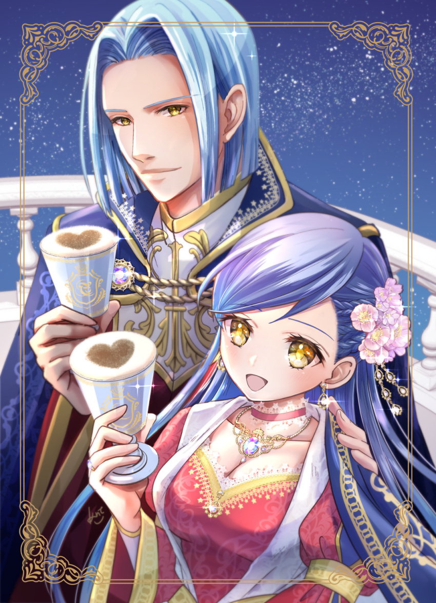 1boy blue_background blue_hair breasts cleavage cup dress drink female ferdinand_(honzuki_no_gekokujou) flower gold_trim hair_flower hair_ornament highres holding holding_cup honzuki_no_gekokujou jewelry kntsmf long_hair medium_hair myne_(honzuki_no_gekokujou) necklace outdoors railing red_dress standing yellow_eyes