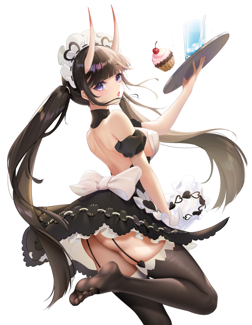 apron ass azur_lane back back_bow backless_dress backless_outfit bare_shoulders black_dress black_hair blunt_bangs bow breasts brown_hair brown_thighhighs cup cupcake dress feet female food frilled_apron frills garter_straps highres holding holding_tray horns large_breasts liu_liaoliao long_hair looking_at_viewer maid maid_headdress no_shoes noshiro_(azur_lane) noshiro_(hold_the_ice)_(azur_lane) parted_lips purple_eyes simple_background skin-covered_horns soles solo standing standing_on_one_leg thighhighs toes tray twintails very_long_hair white_background white_bow