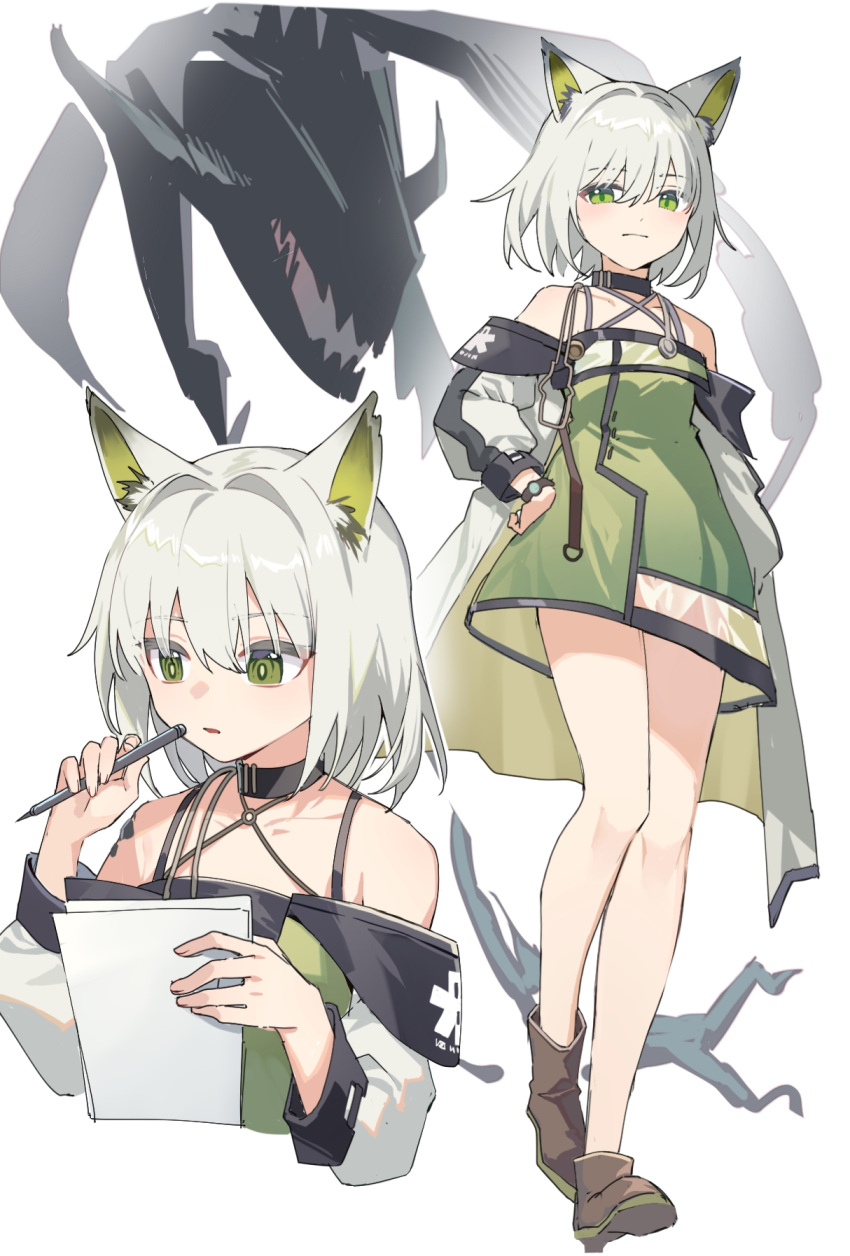 animal_ears arknights bare_shoulders black_collar boots brown_footwear cat_ears cat_girl collar commentary_request creature criss-cross_halter dress female green_dress green_eyes halterneck hand_on_own_hip highres holding holding_paper holding_pen kal'tsit_(arknights) long_sleeves looking_at_viewer material_growth mon3tr_(arknights) multiple_views off-shoulder_dress off_shoulder oripathy_lesion_(arknights) paper partial_commentary pen short_hair simple_background stethoscope watch white_background wristwatch yunweishukuang