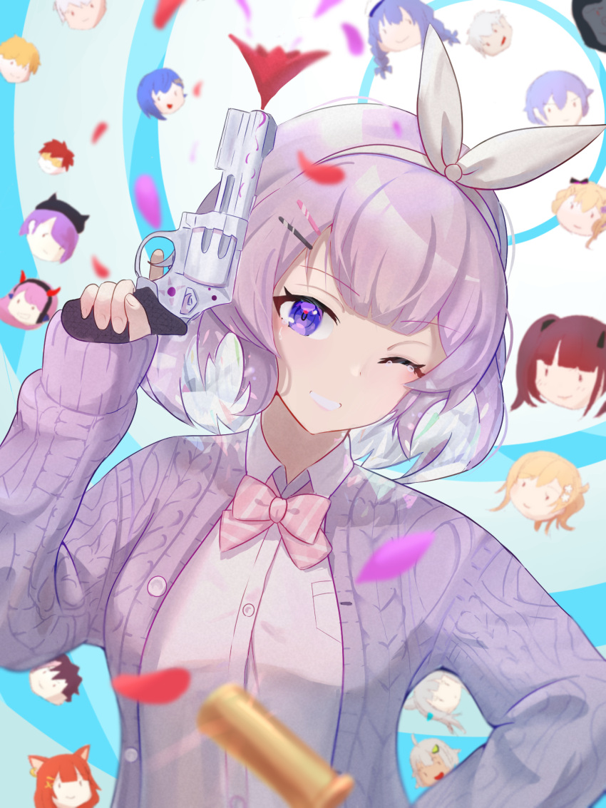 6+boys 6+girls akira_ray and_uge annotation_request bow bowtie breasts cardigan collared_shirt cpt_(crazy_raccoon) crazy_raccoon firing gun hair_ribbon hairband handgun hayama_marin head_tilt highres holding holding_gun holding_weapon hololive iris_black_games kinako_(crazy_raccoon) kurumi_noah kuzuha_(nijisanji) lee_roha looking_at_viewer medium_breasts multiple_boys multiple_girls nanashi_inc. nijisanji nijisanji_kr nishizono_chigusa nukoban nun_bora nun_bora_(2nd_costume) one_eye_closed partially_annotated pink_bow pink_bowtie pink_shirt purple_cardigan purple_eyes ratna_petit revolver ribbon school_uniform selly55 shirayuki_reid shirt short_hair smile solo_focus tearing_up tokoyami_towa v_ap_art vgaming virtual_youtuber vspo! weapon yellow_ribbon yuuki_chihiro