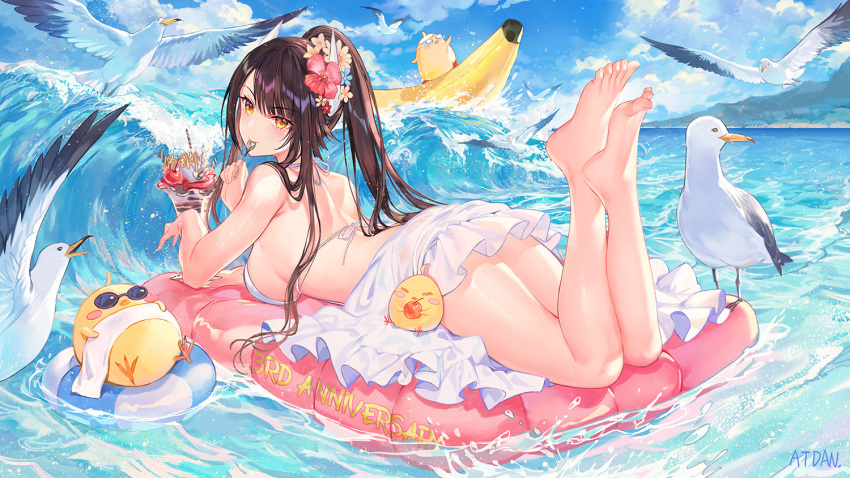 animal anniversary atdan azur_lane back backless_dress backless_outfit banana_boat bare_shoulders barefoot bird breasts brown_hair chick cloud commentary day dress feet female flower hair_flower hair_ornament halter_dress hiei_(azur_lane) hiei_(beauty_of_the_white_sands)_(azur_lane) holding inflatable_raft innertube large_breasts legs_up long_hair looking_at_viewer looking_back lying manjuu_(azur_lane) ocean on_stomach outdoors parfait ponytail revision seagull short_dress signature sky sleeveless sleeveless_dress solo spaghetti_strap sunglasses the_pose thighs towel water waves white_dress yellow_eyes