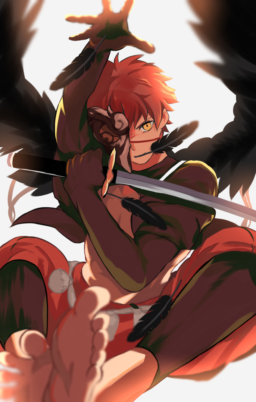 1boy absurdres bare_pectorals barefoot black_wings emiya_shirou falling_feathers fate/grand_order fate_(series) feathered_wings feathers half_mask highres holding holding_sword holding_weapon japanese_clothes kamigokuin male_focus mask official_alternate_costume orange_hair orange_pants pants pectorals senji_muramasa_(fate) senji_muramasa_(night_parade_of_one_hundred_demons)_(fate) short_hair shrug_(clothing) solo sword toned toned_male weapon white_background wings yellow_eyes