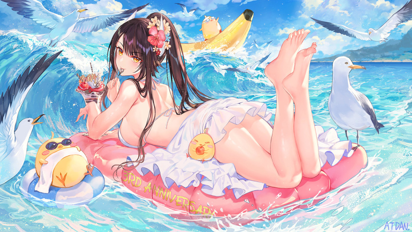 animal anniversary atdan azur_lane back backless_dress backless_outfit banana_boat bare_shoulders barefoot bird breasts brown_hair chick cloud commentary day dress feet female flower hair_flower hair_ornament halter_dress hiei_(azur_lane) hiei_(beauty_of_the_white_sands)_(azur_lane) holding inflatable_raft innertube large_breasts legs_up long_hair looking_at_viewer looking_back lying manjuu_(azur_lane) ocean on_stomach outdoors parfait ponytail seagull short_dress signature sky sleeveless sleeveless_dress solo spaghetti_strap sunglasses the_pose thighs towel water waves white_dress yellow_eyes