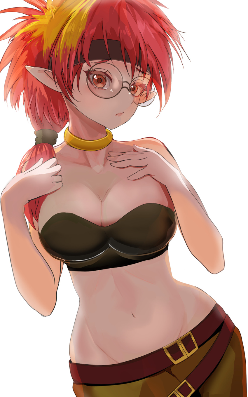 belt blonde_hair breasts choker cleavage closed_mouth cowboy_shot crop_top female hair_over_shoulder haou_taikei_ryuu_knight highres katze looking_at_viewer low_ponytail medium_breasts medium_hair midriff muga_(mga2a) multicolored_hair navel red_eyes red_hair round_eyewear simple_background skirt solo standing thighs two-tone_hair white_background yellow_choker