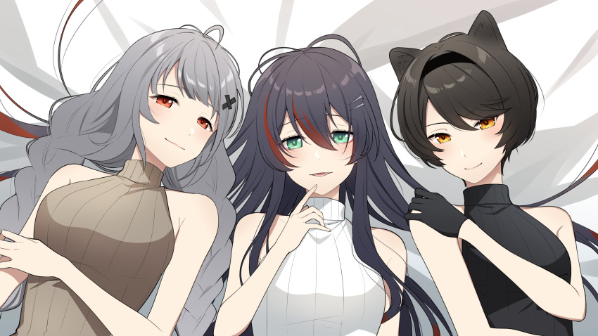 3girls 6ws_(nijisanji) absurdres angon623 animal_ear_fluff animal_ears black_hair black_hairband black_sweater breasts brown_eyes brown_sweater english_commentary eyebrows_hidden_by_hair green_eyes grey_hair grey_sweater hair_between_eyes hairband hand_on_own_shoulder highres hyona_elatiora long_hair looking_at_viewer lying medium_breasts mika_melatika multicolored_hair multiple_girls nijisanji nijisanji_id open_mouth panther_ears panther_girl red_eyes red_hair short_hair sleeveless sleeveless_sweater smile streaked_hair sweater very_long_hair virtual_youtuber xia_ekavira