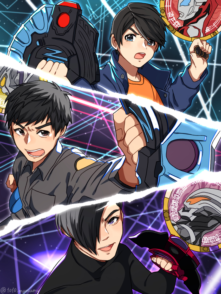 1010_mumumu 3boys animification asakura_riku blue_eyes blue_jacket brown_eyes clenched_hand grey_hair grey_jumpsuit hair_over_one_eye hebikura_shouta highres jacket jumpsuit looking_up male_focus multicolored_hair multiple_boys natsukawa_haruki one_eye_covered open_mouth spoilers two-tone_hair ultra_series ultraman_belial ultraman_geed ultraman_geed_(series) ultraman_z ultraman_z_(series) v-shaped_eyebrows z_riser