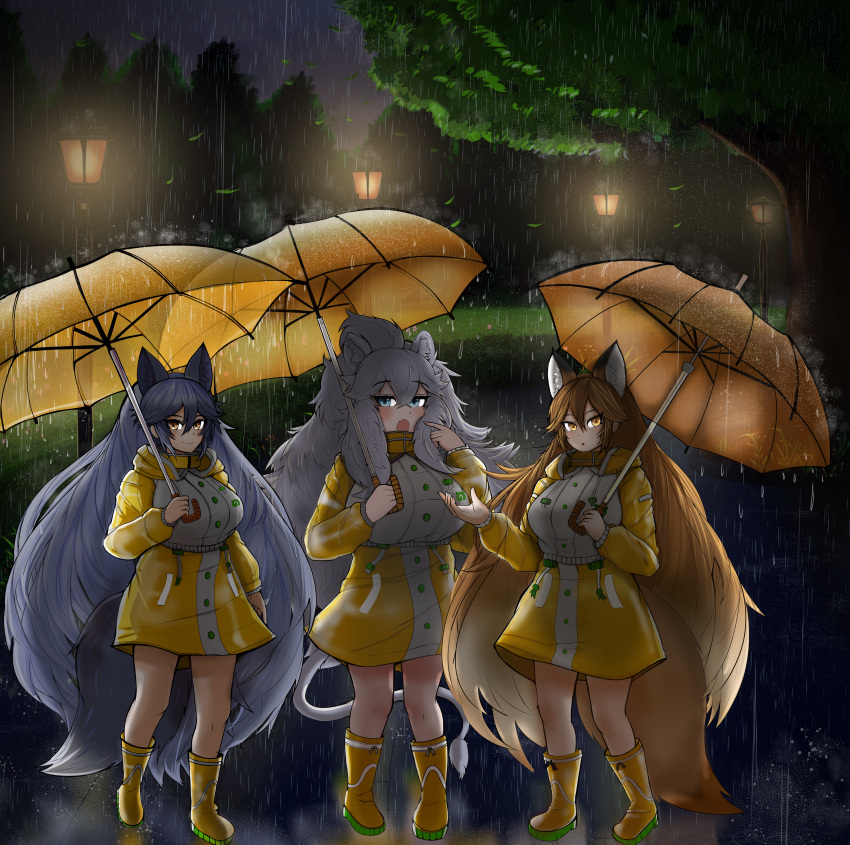 3girls absurdres animal_ears arm_at_side backlighting big_hair blue_eyes blue_hair boots breasts brown_eyes brown_hair buttons closed_mouth commentary drawstring dripping english_commentary extra_ears ezo_red_fox_(kemono_friends) fox_ears fox_girl fox_tail full_body grey_hair hair_between_eyes hand_up hands_up height_difference highres holding holding_umbrella hood hooded_jacket huge_breasts jacket kemono_friends lamppost large_breasts lion_ears lion_girl lion_tail long_hair long_sleeves looking_at_viewer making-of_available multiple_girls nanoder night open_mouth outdoors over_shoulder parted_lips rain raincoat rubber_boots sidelocks silver_fox_(kemono_friends) smile standing tail umbrella very_long_hair walking water white_lion_(kemono_friends) yellow_eyes