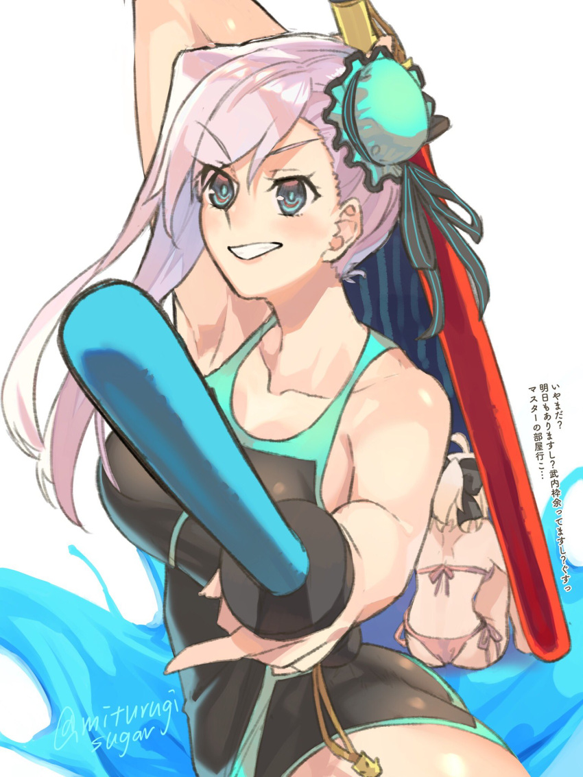 2girls arm_up bare_shoulders bikini black_one-piece_swimsuit blonde_hair blue_eyes blue_one-piece_swimsuit blush bow breasts bun_cover collarbone fate/grand_order fate_(series) grin hair_bun hair_ribbon hairbow highleg highleg_swimsuit highres large_breasts long_hair looking_at_viewer mitsurugi_sugar miyamoto_musashi_(fate) miyamoto_musashi_(swimsuit_berserker)_(fate) miyamoto_musashi_(swimsuit_berserker)_(first_ascension)_(fate) multiple_girls okita_souji_(fate) okita_souji_(koha-ace) one-piece_swimsuit pink_bikini pink_hair ribbon short_hair single_side_bun smile solo_focus swept_bangs swimsuit toy_sword translation_request two-tone_swimsuit water