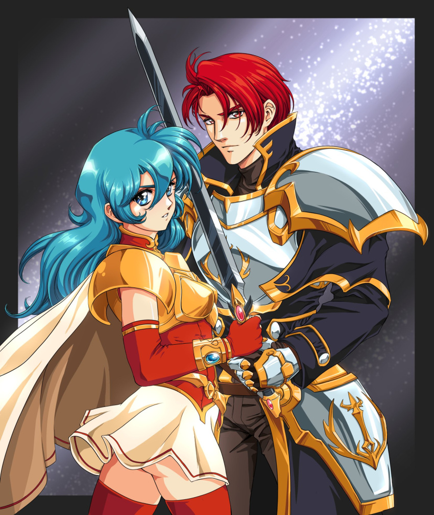 1990s_(style) 1boy armor ass black_border blue_eyes blue_hair border breastplate breasts brown_pants cuirass curtained_hair double-parted_bangs eirika_(fire_emblem) elbow_gloves english_commentary faulds female fire_emblem fire_emblem:_the_sacred_stones galaxy gauntlets gloves gradient_background hair_between_eyes highres holding holding_sword holding_weapon long_hair looking_at_viewer night night_sky pants pauldrons red_eyes red_gloves red_hair red_thighhighs retro_artstyle seth_(fire_emblem) short_hair shoulder_armor sirknightbot skirt sky small_breasts star_(sky) sword teeth thighhighs weapon white_skirt