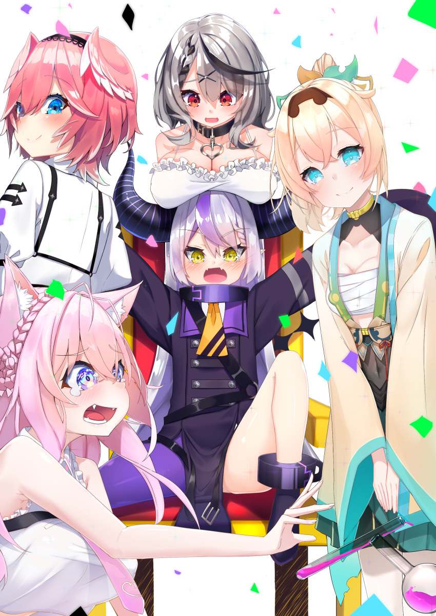 5girls absurdres ahoge antenna_hair aqua_eyes ascot black_collar black_horns blonde_hair blue_eyes braid braided_bangs braided_bun breast_rest breasts breasts_on_head camisole chest_sarashi collar fangs frilled_camisole frills grey_hair hair_bun hair_ornament hair_wings hakui_koyori hakui_koyori_(1st_costume) heart_collar heart_pendant highres hololive holox horns jewelry kamaboko_(kmm15a) kazama_iroha kazama_iroha_(1st_costume) la+_darknesss la+_darknesss_(1st_costume) metal_collar multicolored_hair multiple_girls necktie oerba_yun_fang pendant pink_hair pink_necktie pointy_ears ponytail purple_hair purple_thighhighs red_eyes sakamata_chloe sakamata_chloe_(1st_costume) sarashi short_hair skin_fang streaked_hair striped_horns takane_lui takane_lui_(1st_costume) test_tube thighhighs virtual_youtuber white_camisole x_hair_ornament yellow_eyes