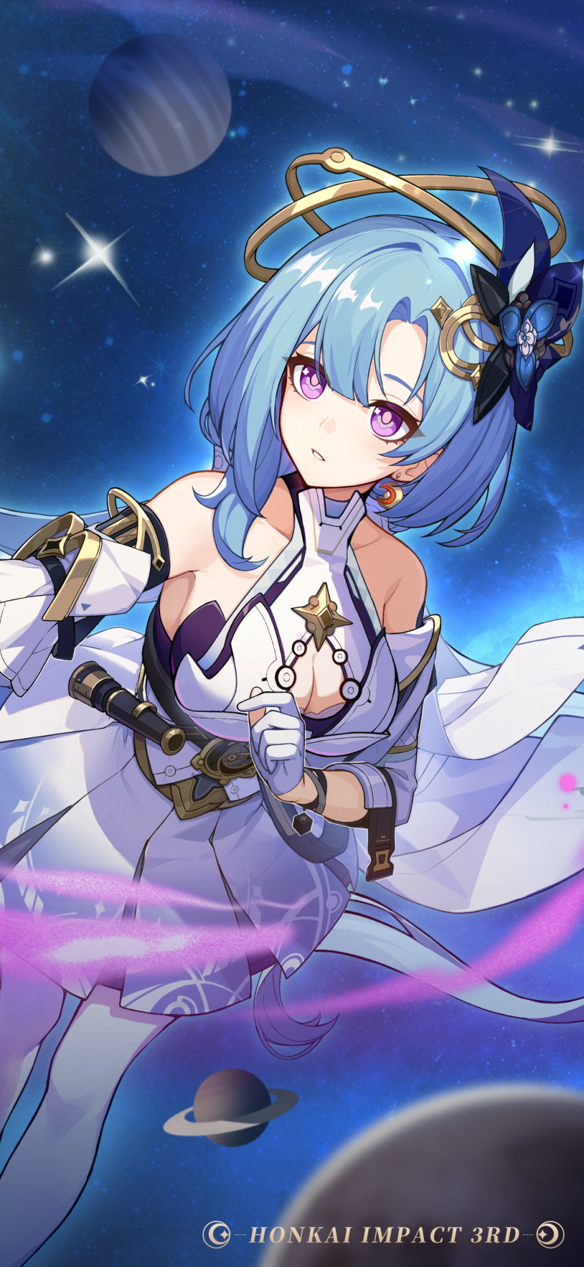 bare_shoulders blue_hair breasts chinese_commentary cleavage_cutout clothing_cutout collarbone commentary_request detached_sleeves dress earrings female gloves griseo griseo_(cosmic_expression) highres honkai_(series) honkai_impact_3rd jewelry large_breasts light_blue_hair official_art official_wallpaper parted_lips planet purple_eyes saturn_(planet) solo space star_(sky) upper_body white_dress white_gloves white_sleeves