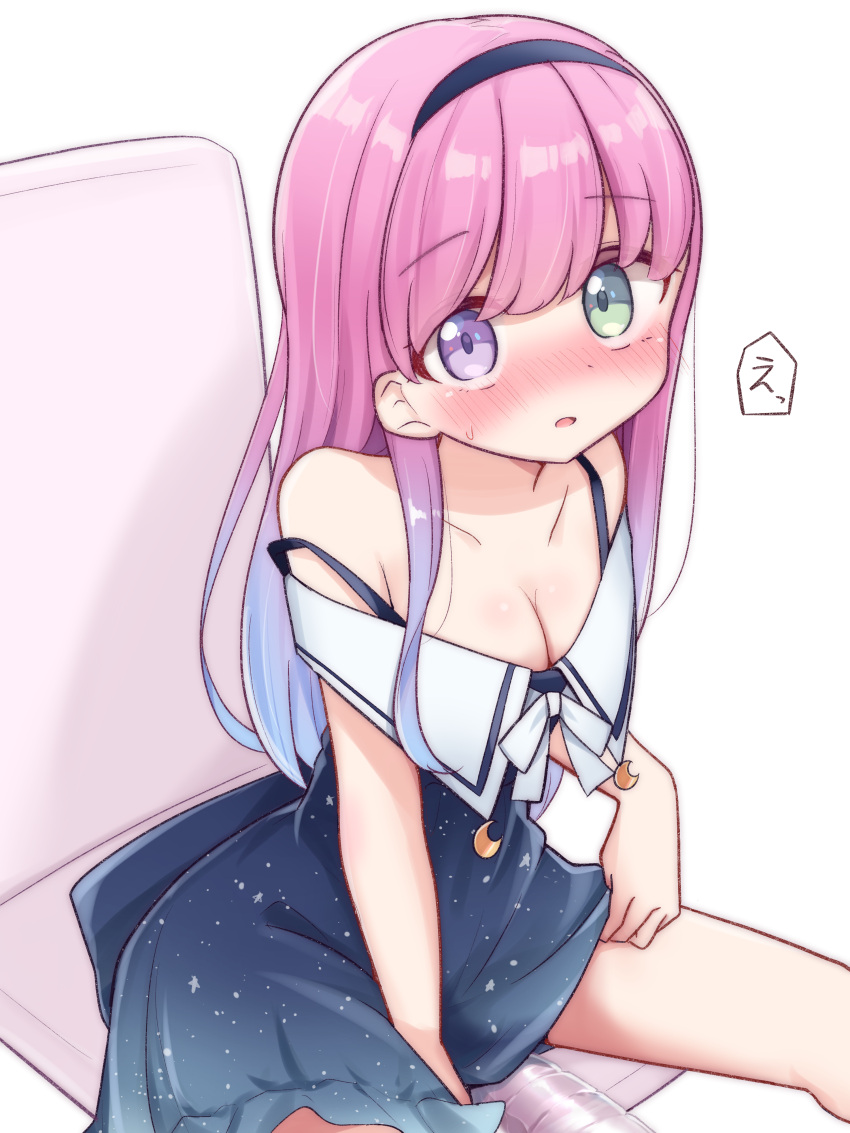 absurdres black_headband blue_dress blush breasts cleavage crescent_print dress female green_eyes headband heterochromia highres himemori_luna himemori_luna_(sundress) hololive implied_peeing kanami9731 long_hair looking_at_viewer medium_breasts official_alternate_costume open_mouth peeing pink_hair purple_eyes short_dress sleeveless sleeveless_dress solo star_(symbol) star_print virtual_youtuber white_background