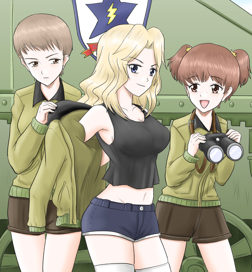 3girls alisa_(girls_und_panzer) binoculars black_shorts black_tank_top blonde_hair blue_eyes blue_shorts brown_eyes brown_hair brown_jacket closed_mouth clothes_pull denim denim_shorts emblem freckles girls_und_panzer hair_intakes hair_ornament harukai-i highres holding holding_binoculars jacket jacket_pull kay_(girls_und_panzer) light_frown long_sleeves looking_at_another looking_at_viewer medium_hair midriff military_vehicle motor_vehicle multiple_girls naomi_(girls_und_panzer) navel open_mouth pulling_another's_clothes saunders_(emblem) saunders_military_uniform short_hair short_shorts short_twintails shorts smile standing star_(symbol) star_hair_ornament tank tank_top thighhighs twintails very_short_hair white_thighhighs