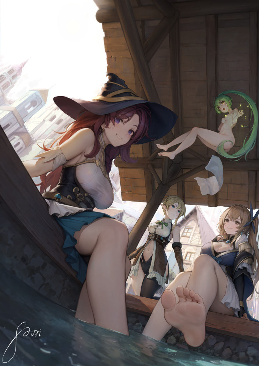 4girls ashiyu barefoot black_panties black_thighhighs blonde_hair blue_eyes braid breasts brown_eyes brown_hair bustier cleavage earrings elf fairy fantasy feet floating foot_bath foot_focus green_hair halterneck hat highres jewelry knees large_breasts legs long_hair looking_at_viewer multiple_girls navel nude original panties pointy_ears purple_eyes red_hair ribbon scenery shirt short_hair side_ponytail signature sitting skirt soaking_feet sodas_red soles sparkle thighhighs thighs toes towel town underwear white_shirt witch witch_hat wooden_ceiling