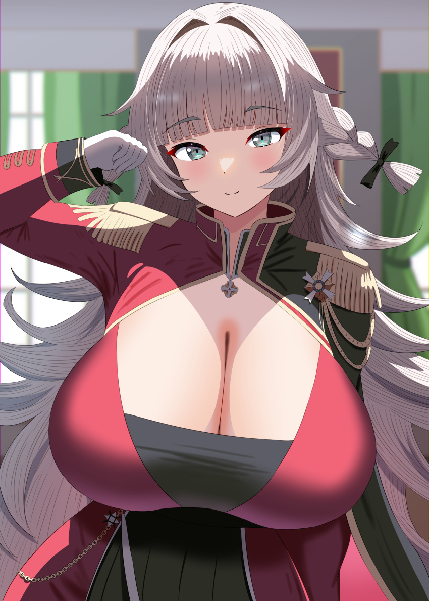 absurdres aya-cis azur_lane bow braid breasts cleavage collared_shirt commission dress epaulettes female gloves green_eyes hair_intakes hairbow hand_up highres huge_breasts jewelry long_hair long_sleeves looking_at_viewer pendant pixiv_commission sardegna_empire_(emblem) shirt side_braids solo vittorio_veneto_(azur_lane) white_gloves white_hair