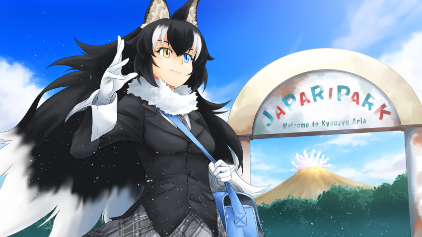 animal_ears bag black_hair black_jacket blue_bag blue_eyes female fur_collar gloves grey_hair grey_necktie grey_skirt grey_wolf_(kemono_friends) heterochromia highres jacket kemono_friends long_hair long_sleeves multicolored_hair naka_(nicovideo14185763) necktie outdoors plaid plaid_necktie plaid_skirt pleated_skirt shirt skirt sleeve_cuffs solo tail waving white_fur white_gloves white_hair white_shirt wolf_ears wolf_girl wolf_tail yellow_eyes