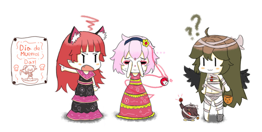 ... 3girls :3 ? ?? ahoge alternate_costume anger_vein angry annoyed bandages bird black_dress calavera candy chibi closed_mouth commentary_request crow dia_de_muertos dress facepaint food full_body halloween halloween_bucket halloween_costume highres just_hatto kaenbyou_rin komeiji_satori lollipop long_hair looking_at_viewer multiple_girls naked_bandage navel oerba_yun_fang onozuka_komachi open_mouth pink_hair poster_(object) red_dress reiuji_utsuho reiuji_utsuho_(bird) short_hair smile squiggle standing third_eye touhou white_background |_|