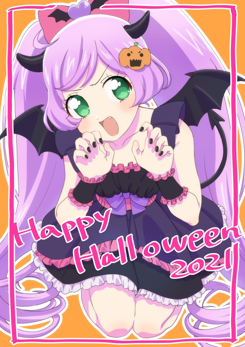 :d bare_shoulders black_dress black_horns black_wings blush bow claw_pose commentary_request demon_horns demon_tail demon_wings dress fake_horns female food-themed_hair_ornament frilled_dress frills full_body green_eyes hair_ornament hairbow halloween_costume hands_up happy_halloween highres hokahoka_yudoufu horns long_hair looking_at_viewer manaka_laala nail_polish oerba_yun_fang open_mouth orange_background outline pink_bow pretty_series pripara pumpkin_hair_ornament purple_hair seiza sitting smile solo strapless strapless_dress tail twintails very_long_hair white_outline wings wrist_cuffs