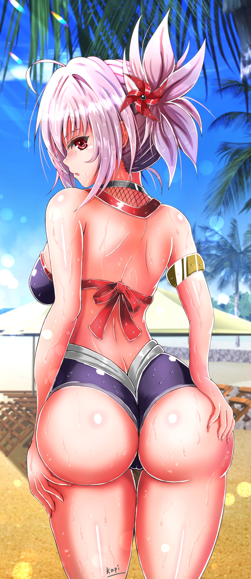 absurdres ass ass_grab ayakashi_triangle beach big_kapipara bikini black_bikini blush breasts female fishnets from_behind grabbing_own_ass hair_ornament highres kazamaki_matsuri kazamaki_matsuri_(female) long_hair looking_at_viewer medium_breasts outdoors palm_tree pinwheel pinwheel_hair_ornament ponytail red_eyes sand shiny_skin standing swimsuit tree wet white_hair