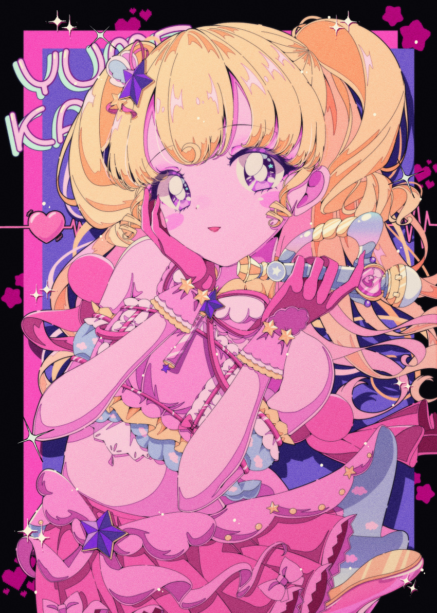 absurdres bare_shoulders blonde_hair blush bright_pupils cowboy_shot cropped_shirt female frilled_skirt frills gloves hair_ornament hand_on_own_cheek hand_on_own_face hands_up heart highres holding holding_microphone idol_clothes idol_time_pripara ligne_claire long_hair looking_at_viewer microphone midriff milon_cas pink_gloves pink_shirt pink_skirt pretty_series pripara purple_eyes red_lips retro_artstyle ringlets shirt skirt solo star_(symbol) star_hair_ornament two_side_up white_pupils yume_kawaii yumekawa_yui