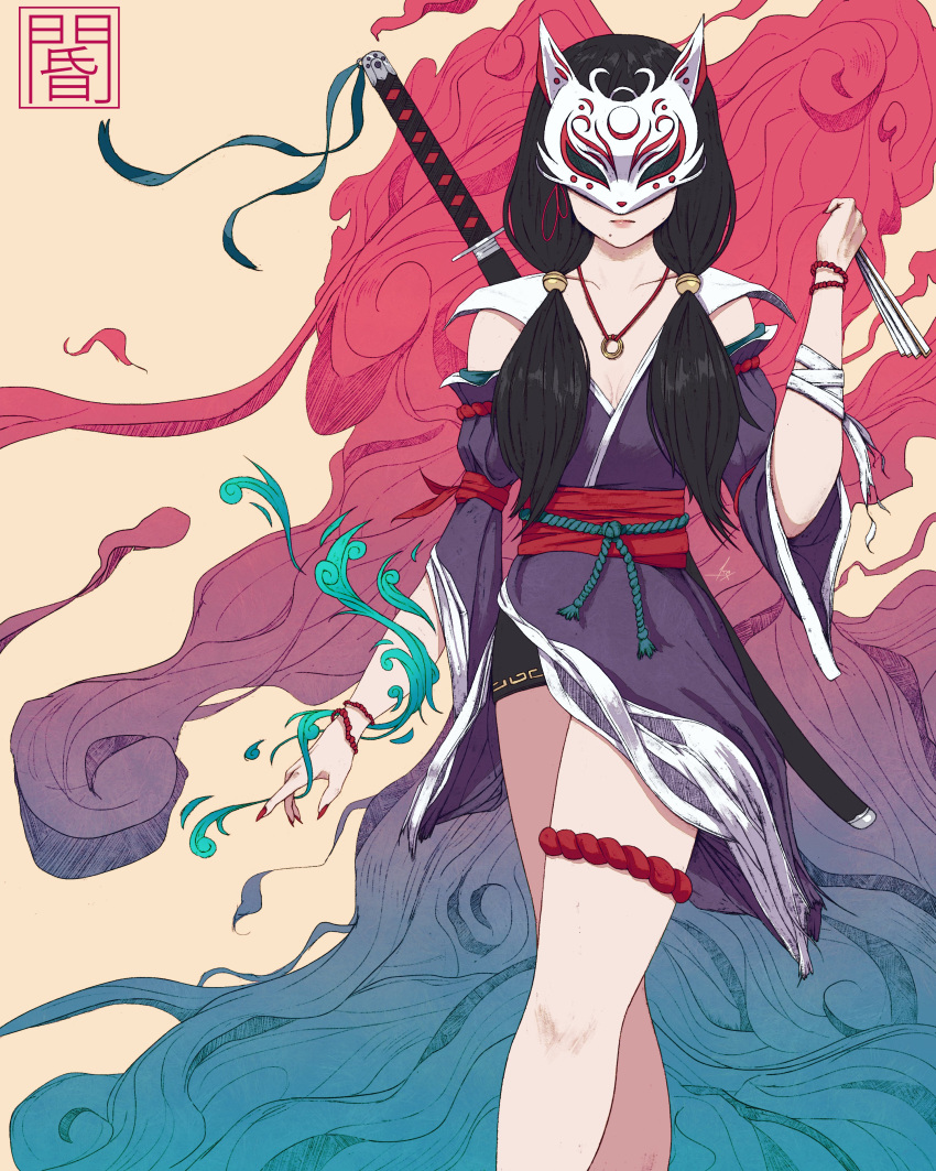 absurdres akramness bandaged_arm bandages black_hair breasts cleavage closed_mouth collarbone commentary feet_out_of_frame female folding_fan fox_mask hand_fan highres holding holding_fan japanese_clothes jewelry kimono long_hair mask necklace original pink_lips red_nails short_kimono solo sword sword_on_back thigh_strap twintails weapon weapon_on_back white_background