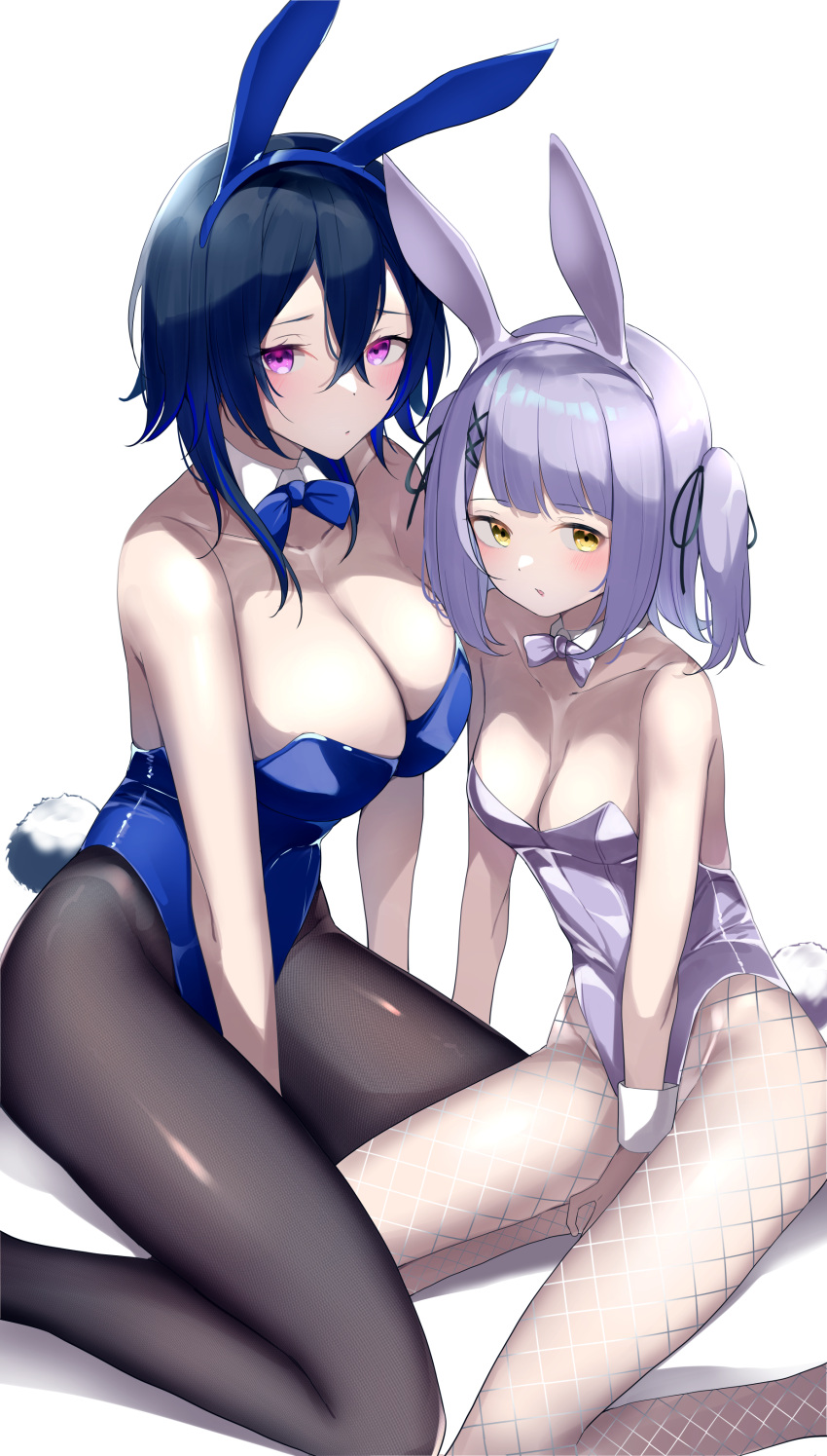 2girls absurdres animal_ears black_hair black_pantyhose blue_bow blue_bowtie blue_hair blue_hairband blue_leotard bow bowtie breasts cleavage crossed_bangs detached_collar fake_animal_ears fake_tail fishnet_pantyhose fishnets gradient_hair grey_bow grey_bowtie grey_hair grey_hairband grey_leotard hairband highleg highleg_leotard highres ichinose_uruha kairi_(miry666) kneeling large_breasts leotard looking_at_viewer multicolored_hair multiple_girls pantyhose playboy_bunny purple_eyes rabbit_ears rabbit_tail shinomiya_runa short_hair simple_background small_breasts strapless strapless_leotard streaked_hair tail traditional_bowtie twintails virtual_youtuber vspo! white_background wing_collar wrist_cuffs yellow_eyes