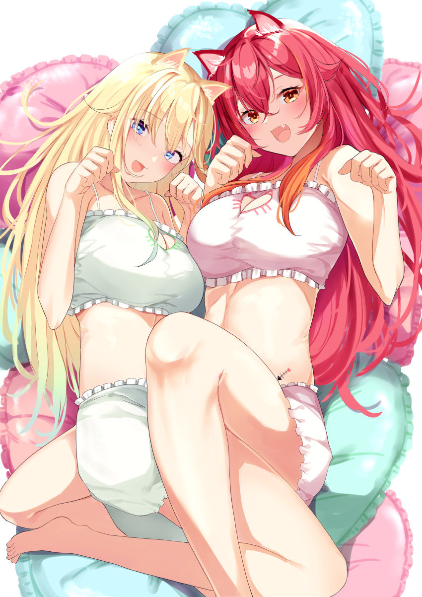 2girls :d absurdres aizawa_ema animal_ears blonde_hair blue_bra blue_eyes blue_hair blue_shorts blush bra breasts cat_ears cleavage clothing_cutout commentary_request fish_bone frilled_bra frills gradient_hair hair_between_eyes heart heart-shaped_pillow heart_cutout highres kairi_(miry666) large_breasts long_hair lying multicolored_hair multiple_girls nekota_tsuna oerba_yun_fang on_back orange_eyes paw_pose pillow pink_bra pink_shorts red_hair shorts smile underwear very_long_hair virtual_youtuber vspo!