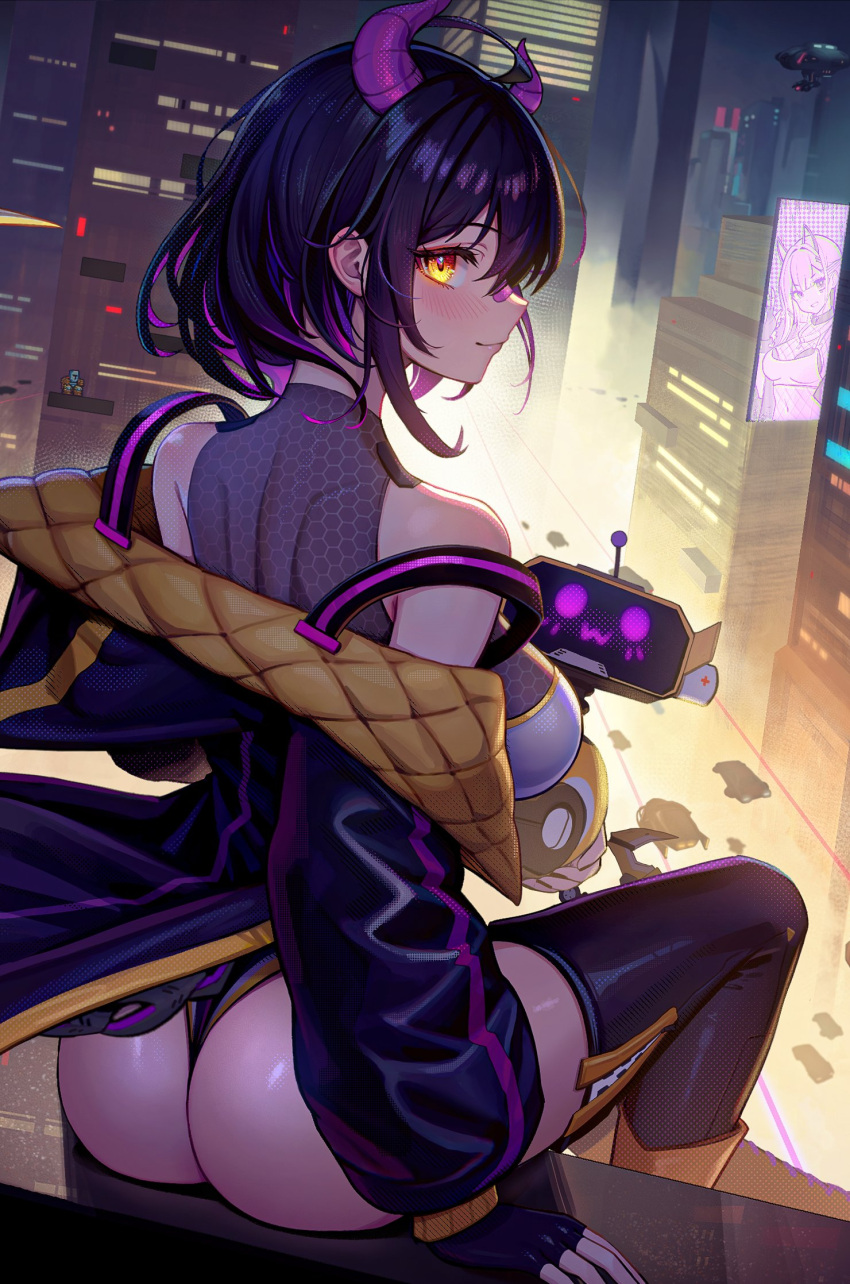 akuma_nihmune ass bandaid bandaid_on_face bandaid_on_nose bare_shoulders billboard black_gloves black_hair black_jacket black_thighhighs boots breasts city cityscape clickdraws closed_mouth cyberpunk demon_horns female fingerless_gloves from_behind gloves grey_leotard highleg highleg_leotard highres honeycomb_(pattern) horns indie_virtual_youtuber jacket jump_king jump_king_(character) large_breasts leotard long_sleeves looking_at_viewer looking_back multicolored_hair off_shoulder profile rainhoe robot science_fiction short_hair sidelocks sitting smile solo strap_slip streaked_hair thighhighs thighs virtual_youtuber yellow_eyes