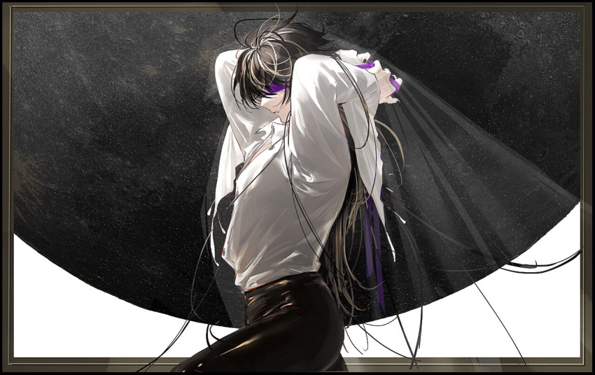 1boy aimono_jyushi black_background black_hair black_pants blindfold border brown_border collared_shirt commentary_request cowboy_shot from_side hypnosis_mic kami_off_record latex_pants long_hair long_sleeves male_focus open_clothes open_shirt pants picture_frame purple_blindfold shirt solo two-tone_background tying veil white_background white_shirt wide_sleeves