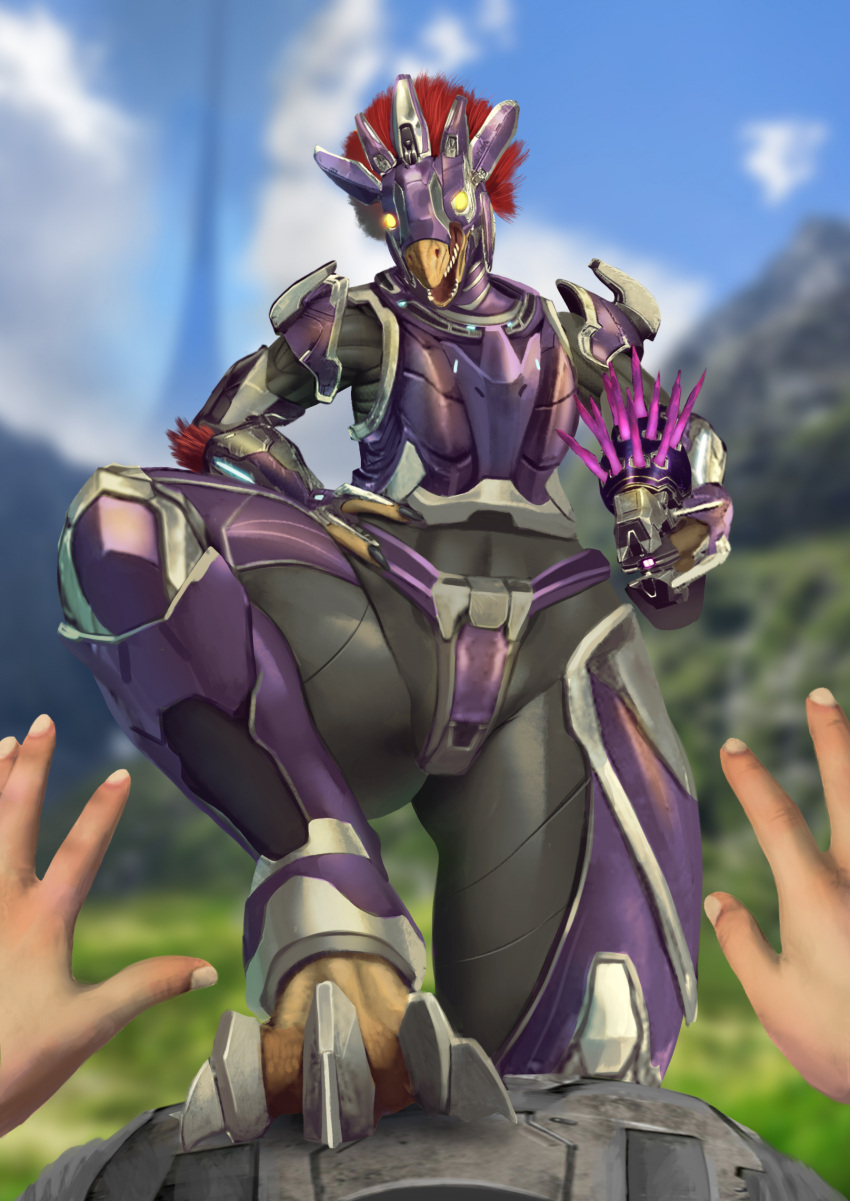 2023 3_fingers 3_toes alien anthro armor blurred_background claws clothed clothing codpiece cuirass cuisse da_polar_inc dominant dominant_anthro dominant_female duo feathered_crest feathers feet female female_anthro female_on_human finger_claws fingers first_person_view foot_on_chest footwear furgonomic_footwear furgonomics glowing glowing_eyes greaves gun halo_(device) halo_(series) hand_on_hip head_crest headgear helmet hi_res holding_gun holding_object holding_ranged_weapon holding_weapon human human_on_anthro human_pov interspecies kig-yar looking_at_viewer male male/female male_on_anthro male_pov mammal microsoft needler open_mouth outside pointing_gun_at_viewer raised_hand ranged_weapon red_feather rerebrace ruuhtian_(kig-yar) scales scalie screencap screencap_background spaulder submissive submissive_human submissive_male submissive_pov tan_body tan_scales teeth thick_thighs toes vambrace weapon wide_hips xbox_game_studios